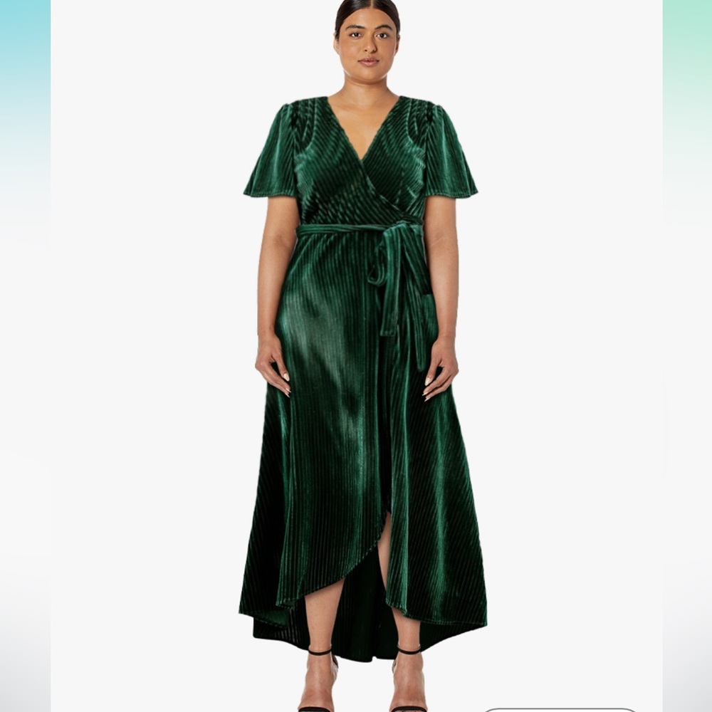 Green High Low Velvet Wrap Dress - Picture 2 of 6